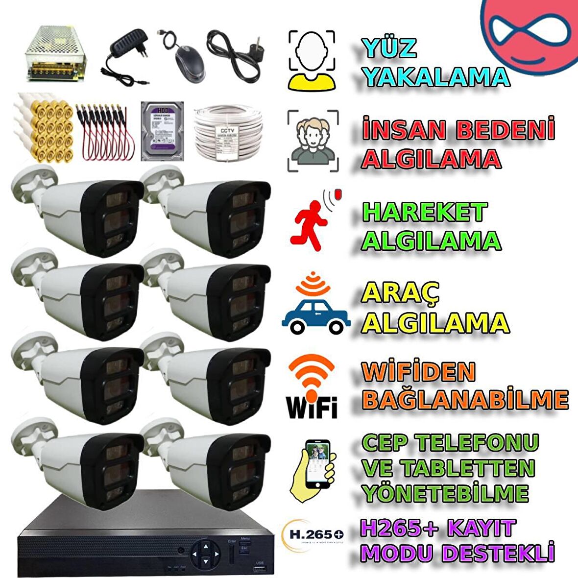8 KAMERALI 500GB HDDLİ GECE RENKLİ GÖSTEREN ARAÇ İNSAN HAREKET YÜZ ALGILAYAN GÜVENLİK KAMERASI SETİ