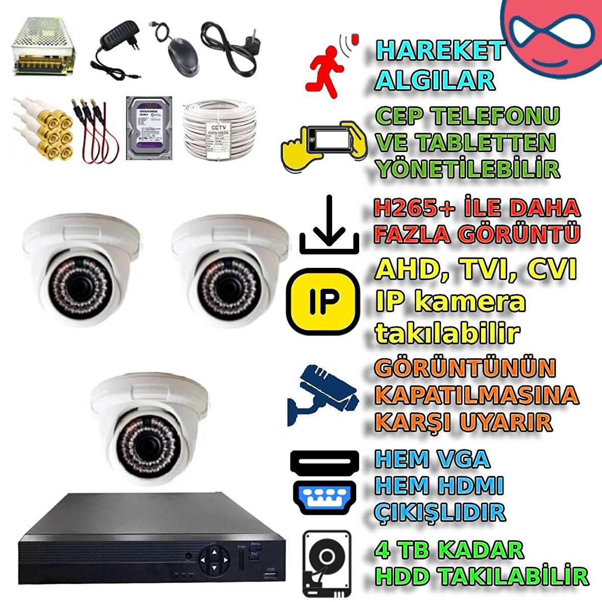 3 İÇ MEKAN DOME KAMERALI 5MP SONY LENS 500GB HDDLİ GÜVENLİK KAMERASI SETİ