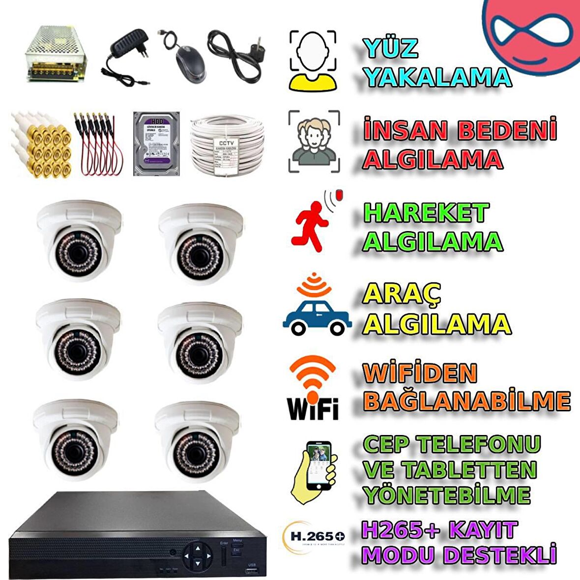 6 İÇ MEKAN DOME KAMERALI 5MP SONY LENS 500GB HDDLİ GÜVENLİK KAMERASI SETİ