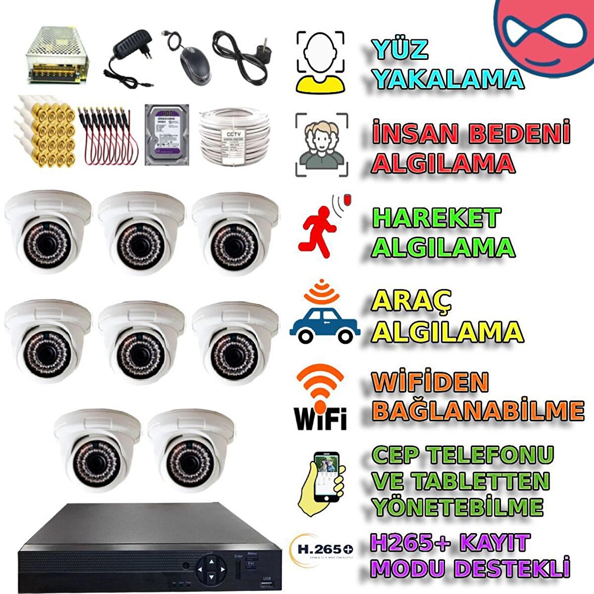 8 İÇ MEKAN DOME KAMERALI 5MP SONY LENS 500GB HDDLİ GÜVENLİK KAMERASI SETİ