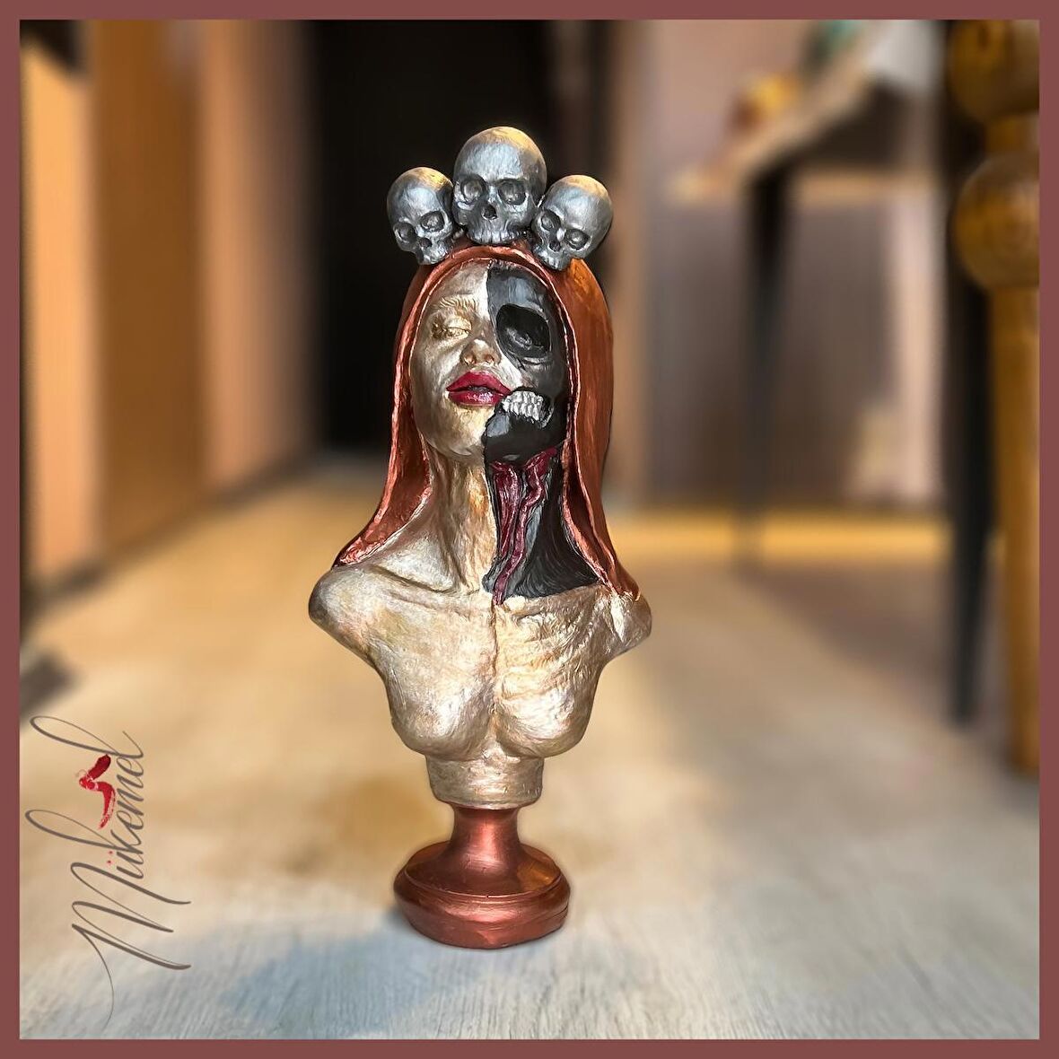 Şeker kafatası Catrina büstü –güçlü kadın figürü, dekoratif sanatı, heykel–Mükemel orijinal tasarım