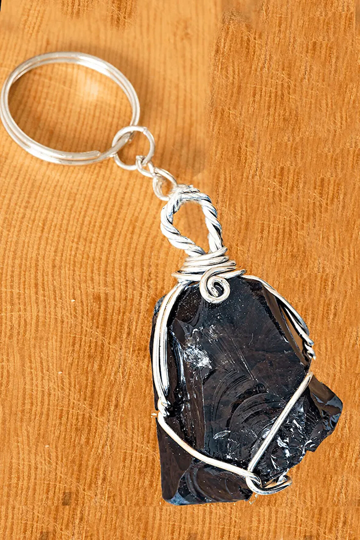 Sertifikalı Gümüş Ham Siyah Obsidyen Taşı Anahtarlık - Tel Sargılı