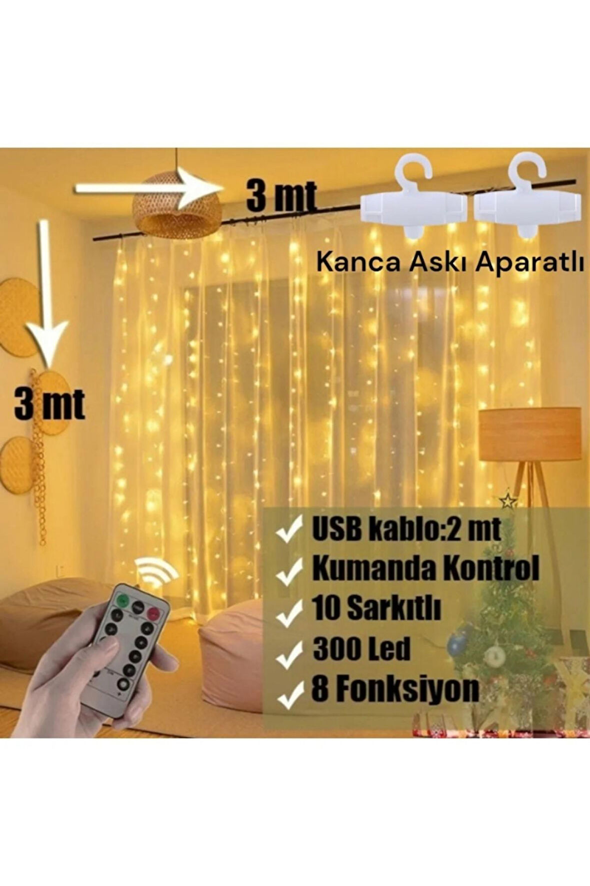 300 Ledli 10 Sarkıt Perde Led Işık-8 Fonksiyon, Uzaktan Kumandalı, 3x3 Metre