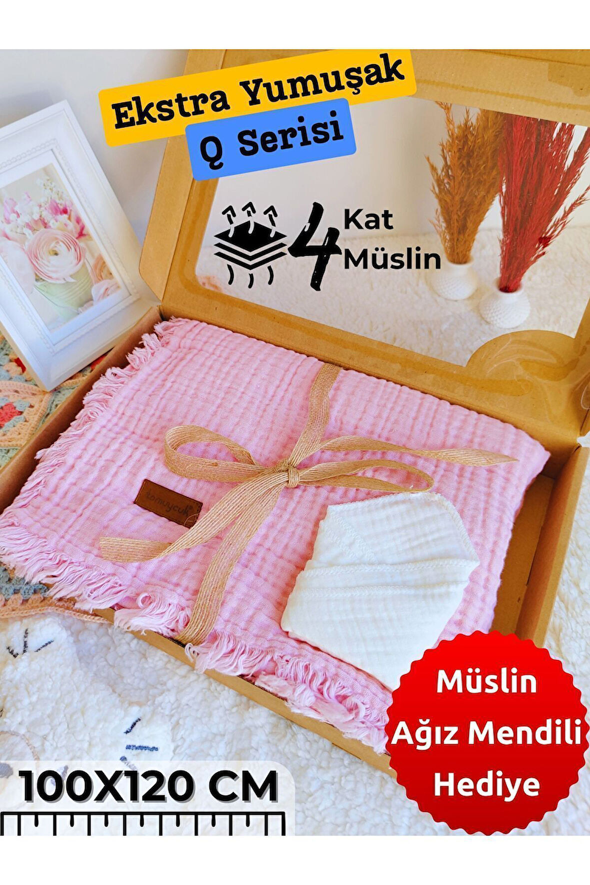 4 Kat Müslin Saçaklı Bebek Battaniyesi 100x120 Cm- %100 Pamuklu & Çok Amaçlı Battaniye