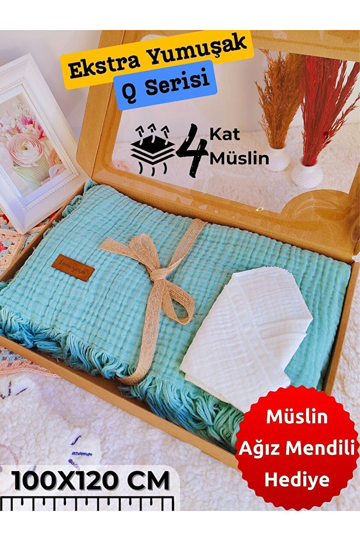 4 Kat Müslin Mint Yeşil Saçaklı Bebek Battaniyesi 100x120 Cm- %100 Pamuklu & Çok Amaçlı Battaniye