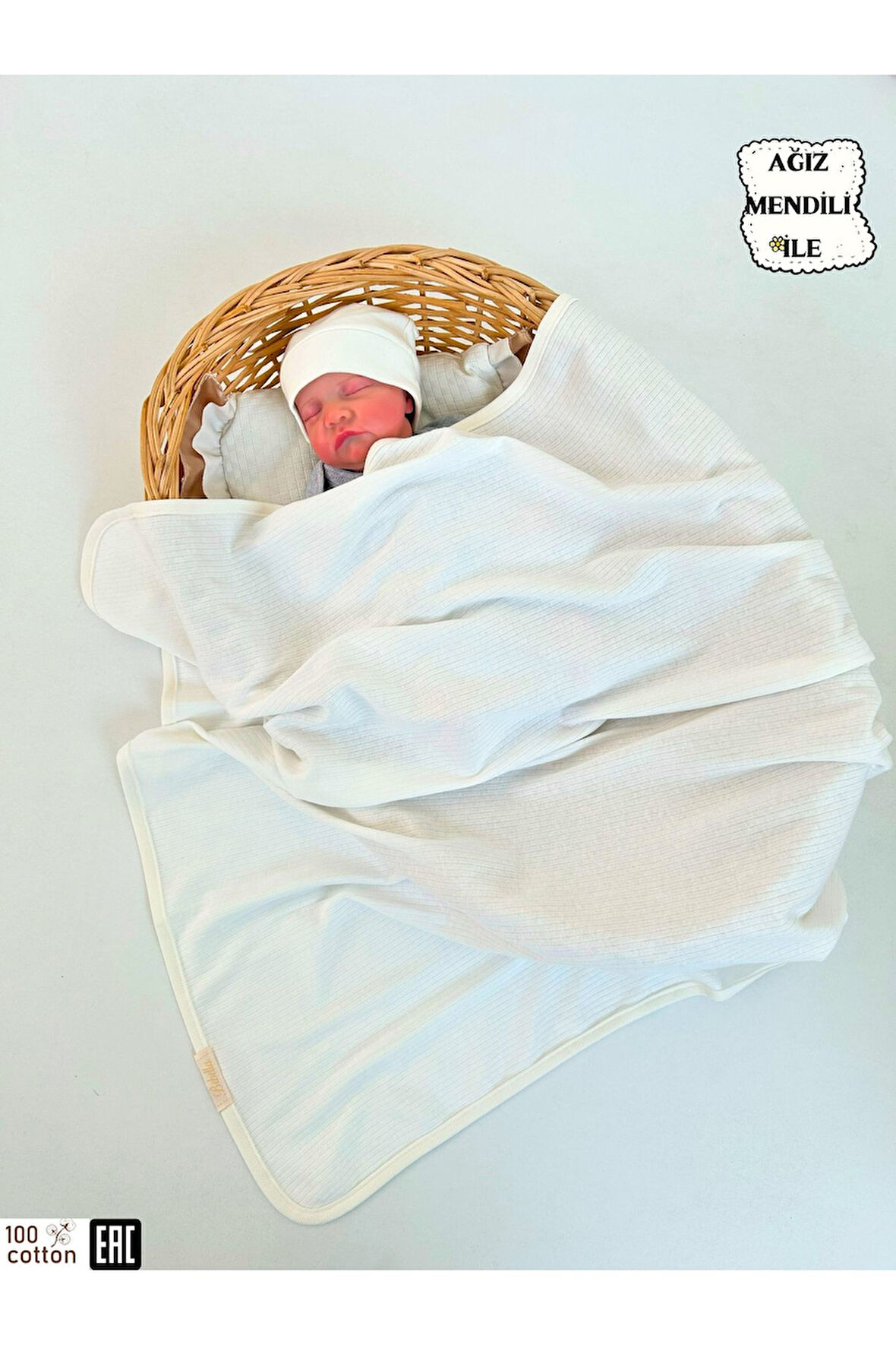 Ekru Fitilli Tek Katlı Bebek Battaniyesi Kundak %100 Pamuklu Çok Amaçlı Örtü 90x85cm