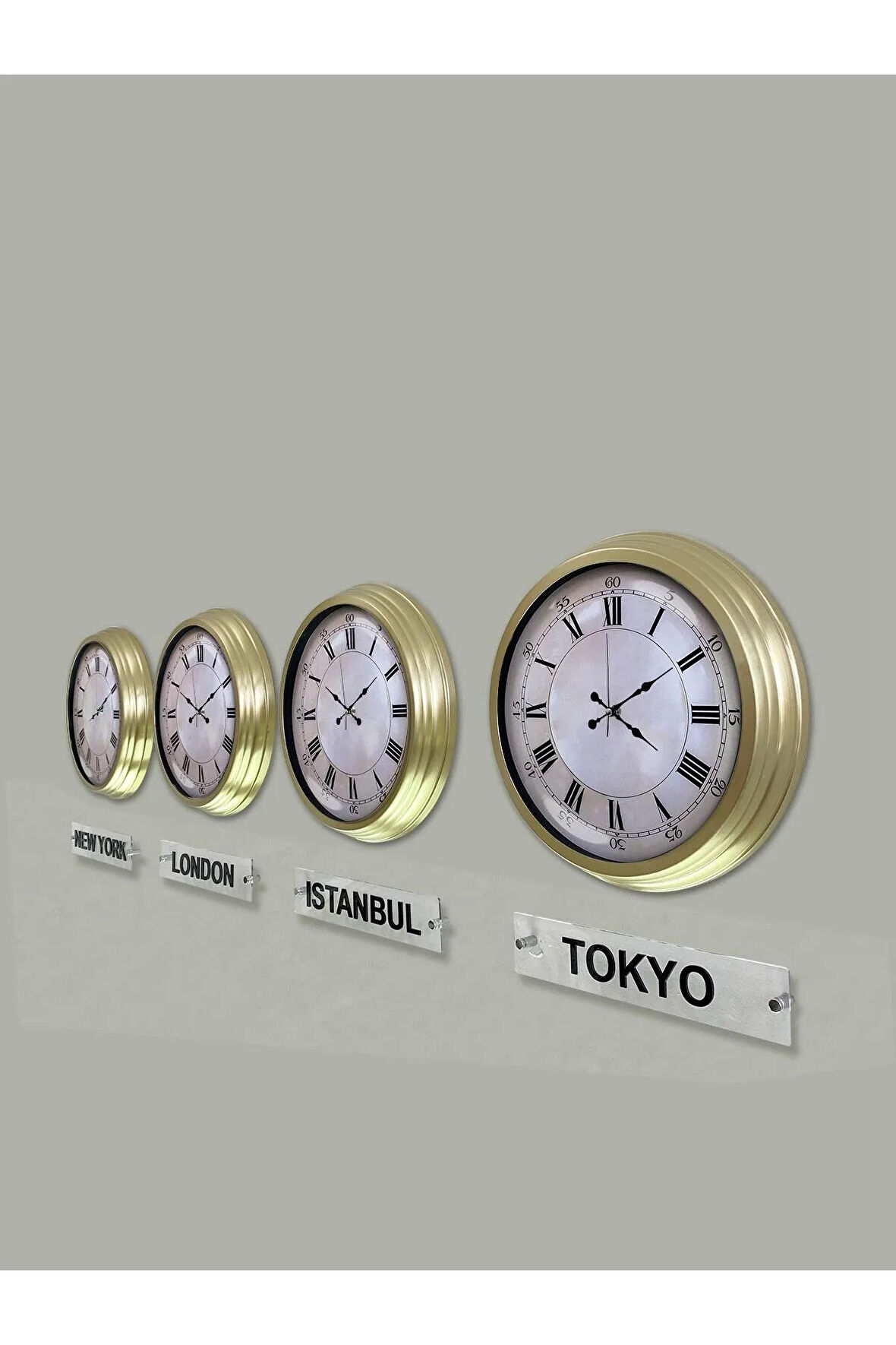 40 Cm Prinç Metal Beyaz Kadran 4 Adet Set Tabelalı Otel Dünya Saati