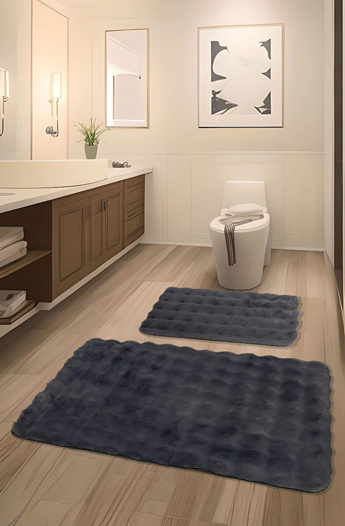 Bubble Tavşan Tüyü, Kaymaz Taban, Pofuduk, Ultra Lüks, Yıkanabilir 2'li Banyo Paspası Antrasit