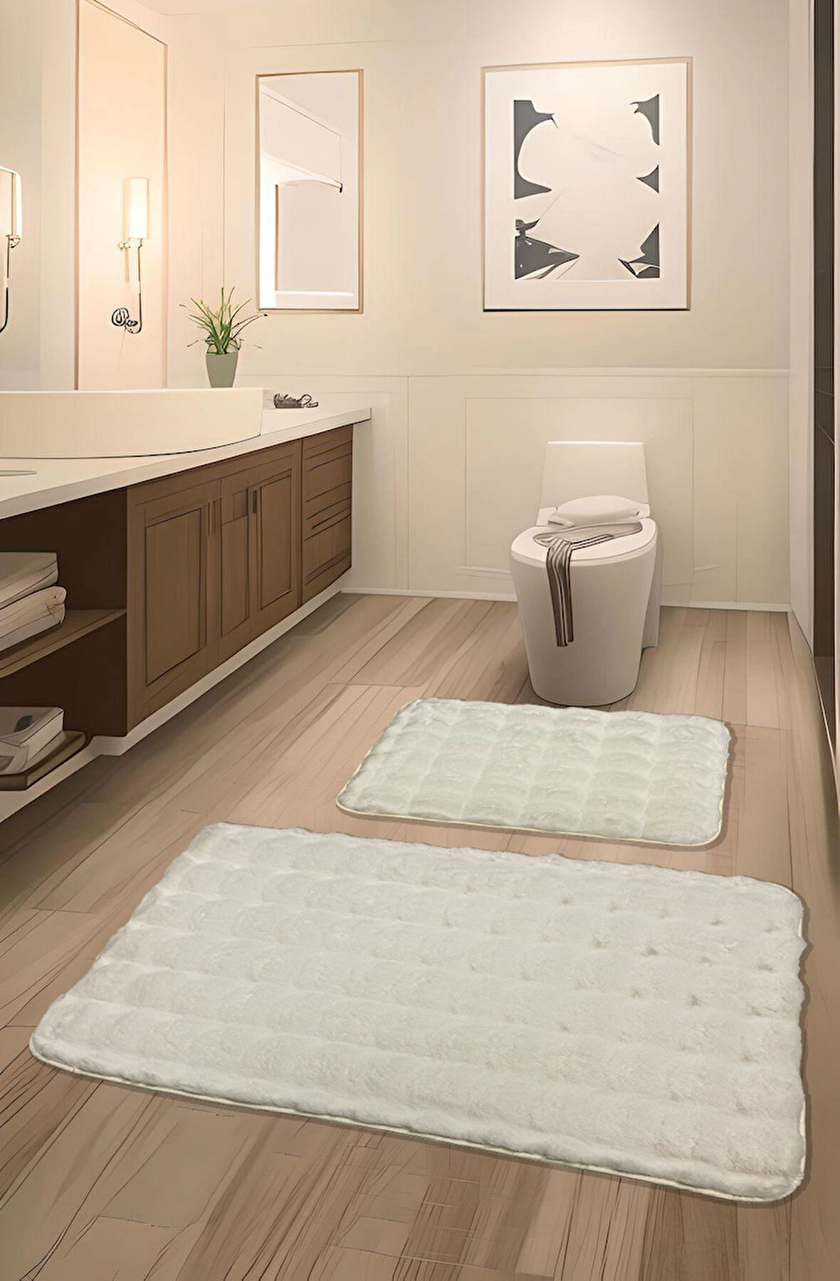Bubble Tavşan Tüyü, Kaymaz Taban, Pofuduk, Ultra Lüks, Yıkanabilir 2'li Banyo Paspası Kırık Beyaz