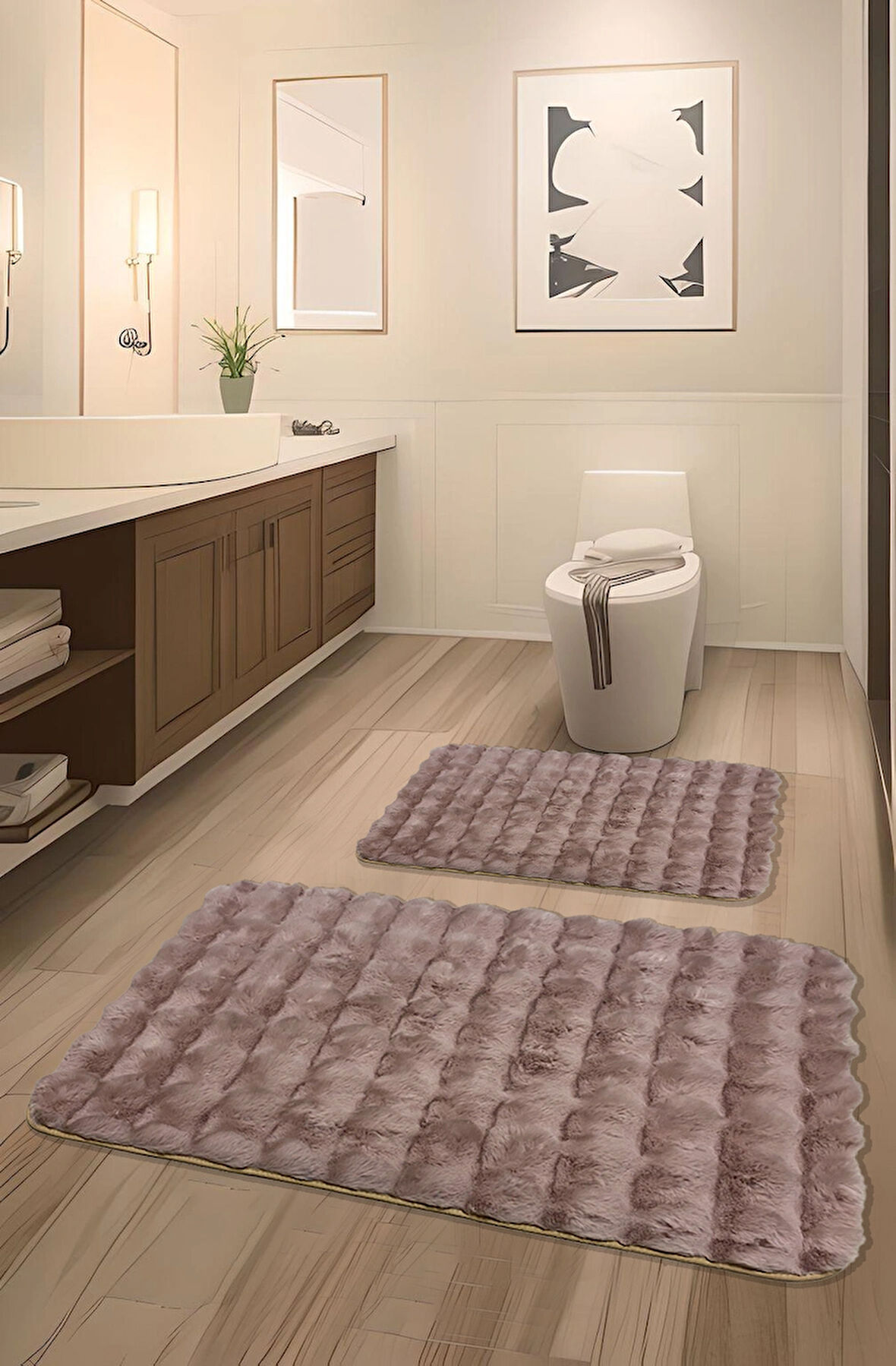Bubble Tavşan Tüyü, Kaymaz Taban, Pofuduk, Ultra Lüks, Yıkanabilir 2'li Banyo Paspası Pembe