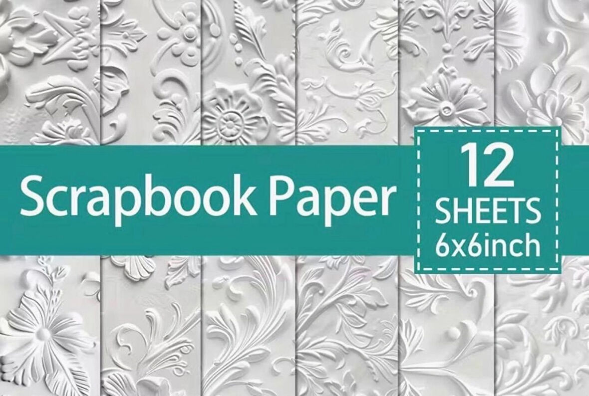 12 Sayfa ASSTSS 2D Beyaz Kabartmalı Çiçek Scrapbook Kağıt Ped - 15.24x15.24 cm
