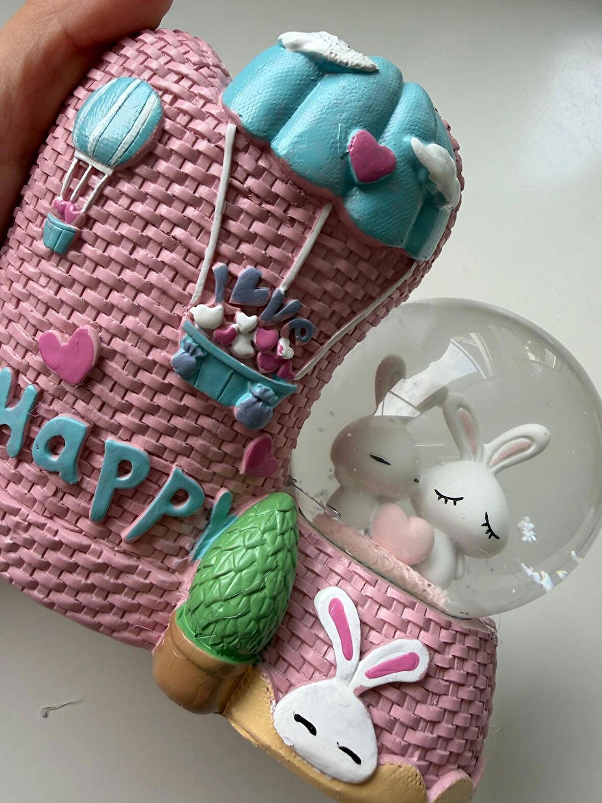 Tavşanlı Pembe Happy Kalemlikli Kar Küresi Özel Hediye Kutulu