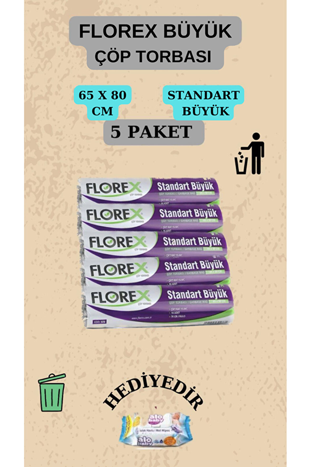 Florex Standart Büyük Boy (65X80CM) Çöp Poşeti X 5 Rulo 50 Adet