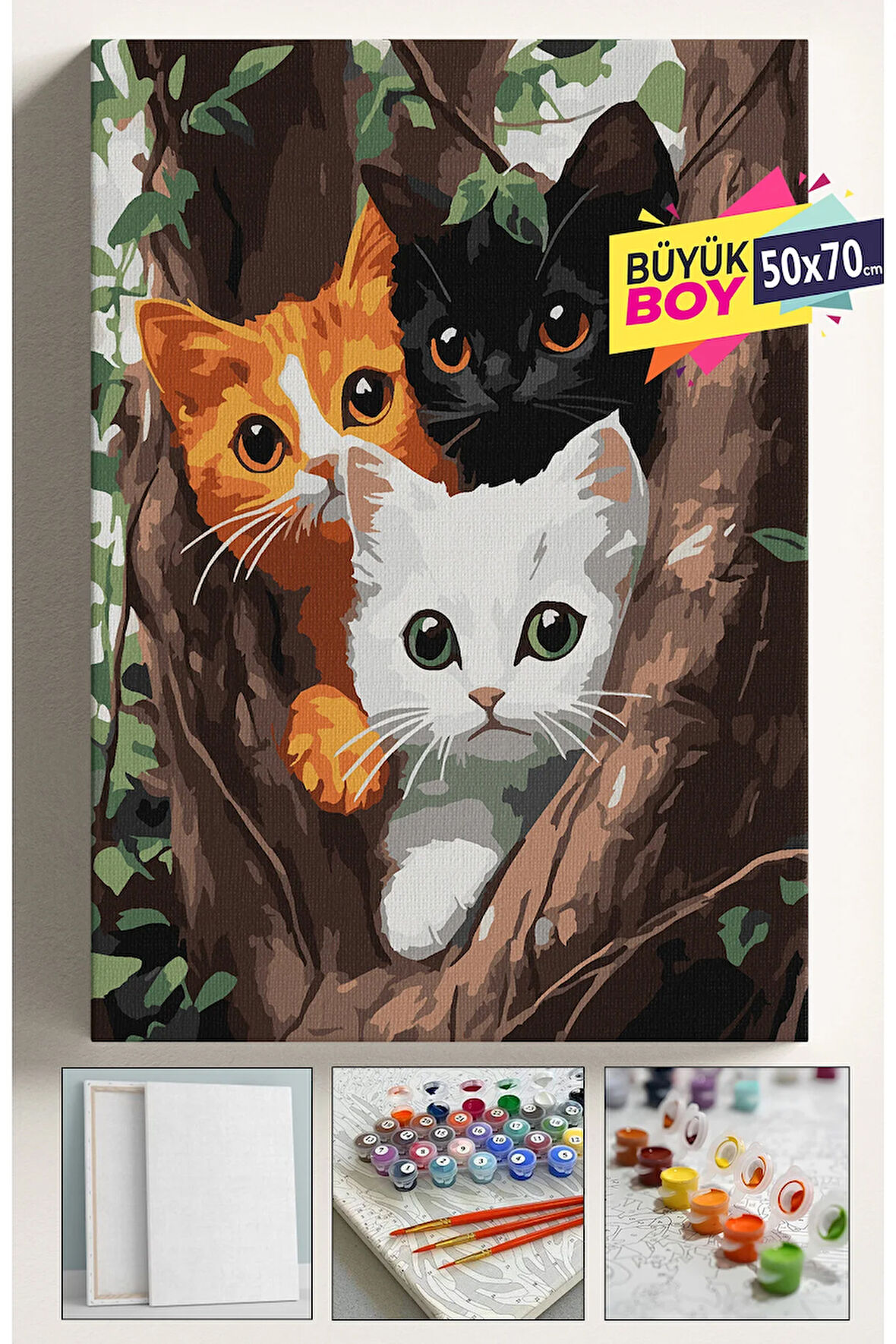 Sayılarla Boyama Seti Numaralı Tuval Fırça Boya Dahil Kasnaklı Set 50x70 Cm - AĞAÇTAKİ KEDİLER