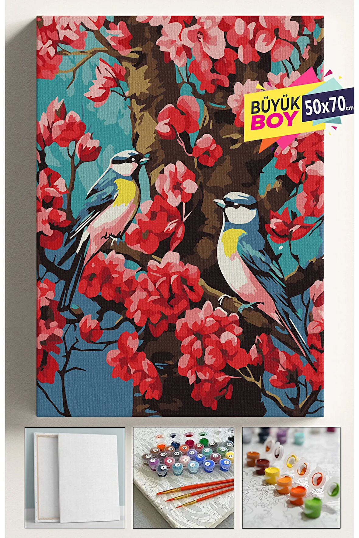 Sayılarla Boyama Seti Numaralı Tuval Fırça Boya Dahil Kasnaklı Set 50x70 Cm - AĞAÇTA KUŞLAR