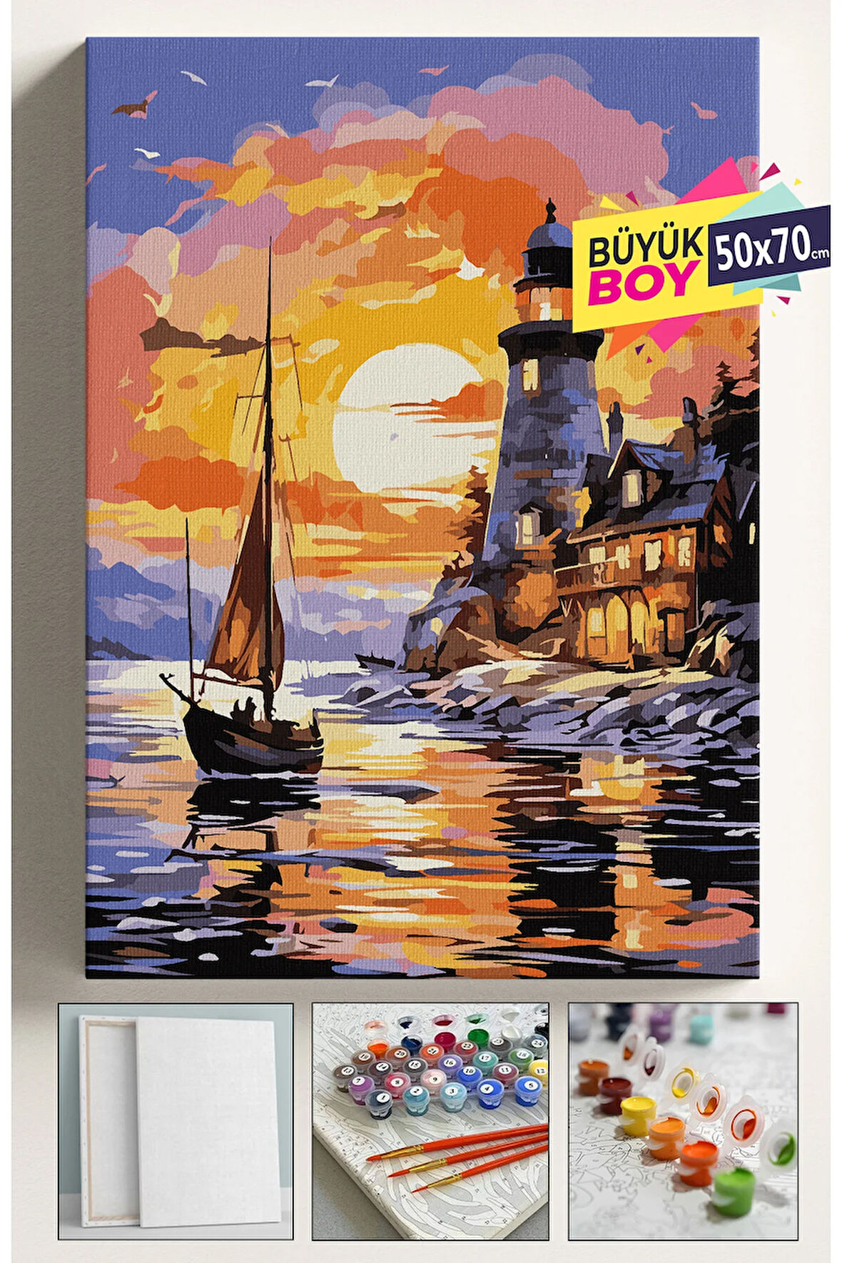 Sayılarla Boyama Seti Numaralı Tuval Fırça Boya Dahil Kasnaklı Set 50x70 Cm - DENİZ FENERİ TEKNE