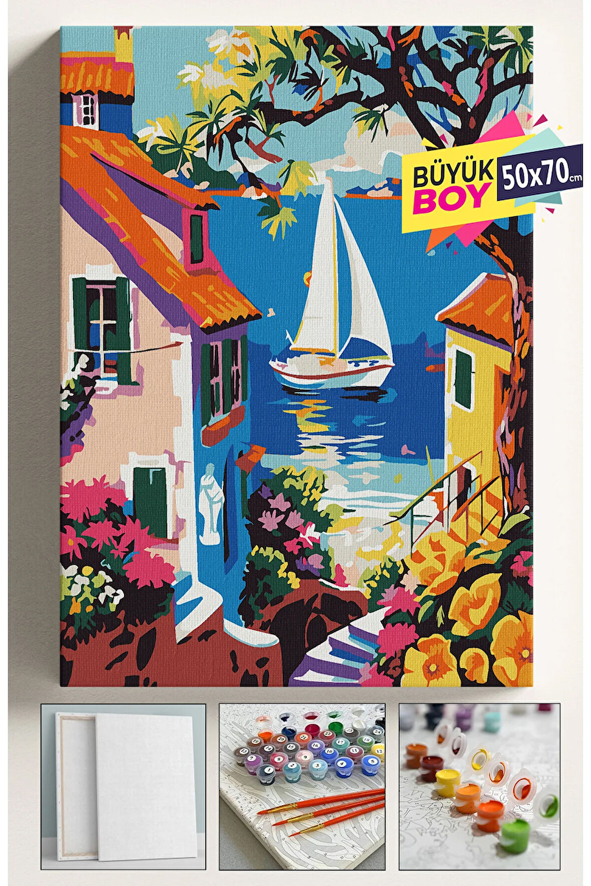 Sayılarla Boyama Seti Numaralı Tuval Fırça Boya Dahil Kasnaklı Set 50x70 Cm - EVLER ARASI MANZARA