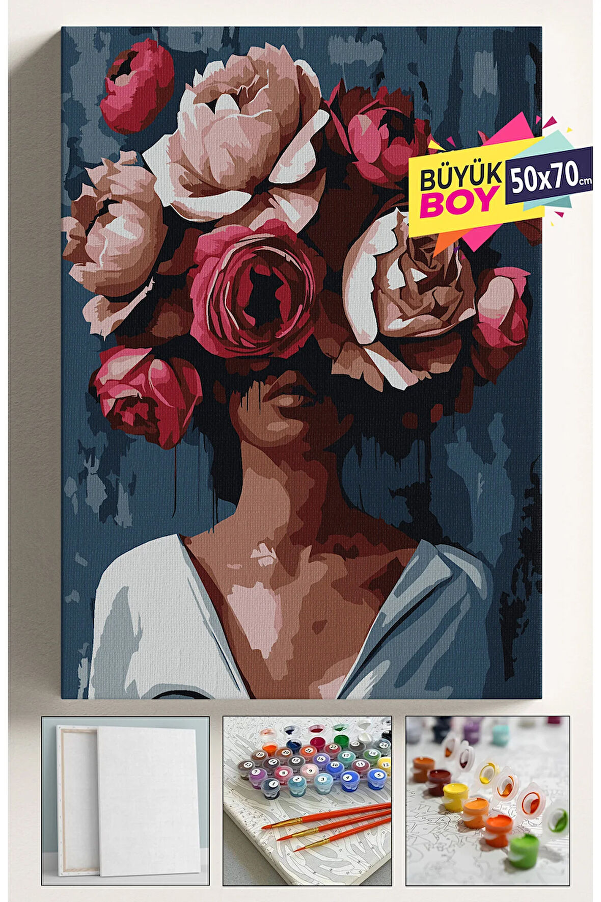 Sayılarla Boyama Seti Numaralı Tuval Fırça Boya Dahil Kasnaklı Set 50x70 Cm - GÜL AÇAN KADIN