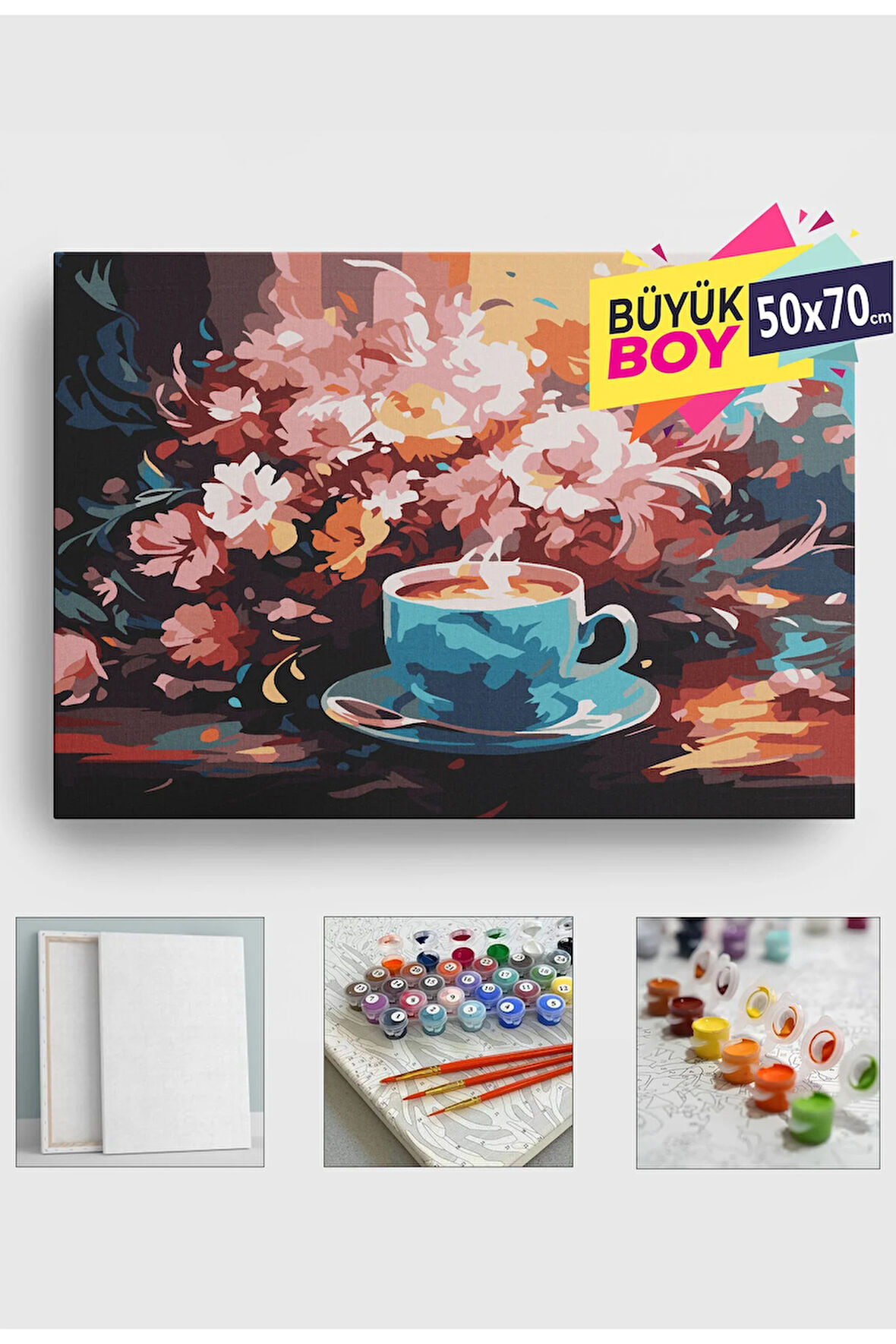 Sayılarla Boyama Seti Numaralı Tuval Fırça Boya Dahil Kasnaklı Set 50x70 Cm - KAHVE VE ÇİÇEKLER
