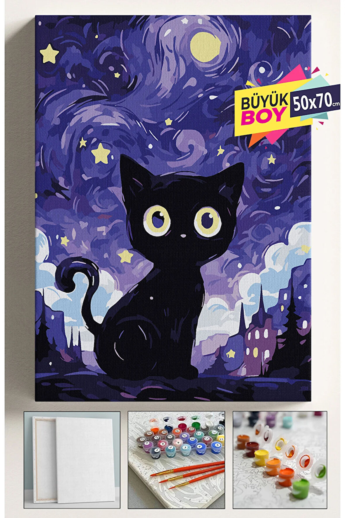 Sayılarla Boyama Seti Numaralı Tuval Fırça Boya Dahil Kasnaklı Set 50x70 Cm - KARA KEDİ