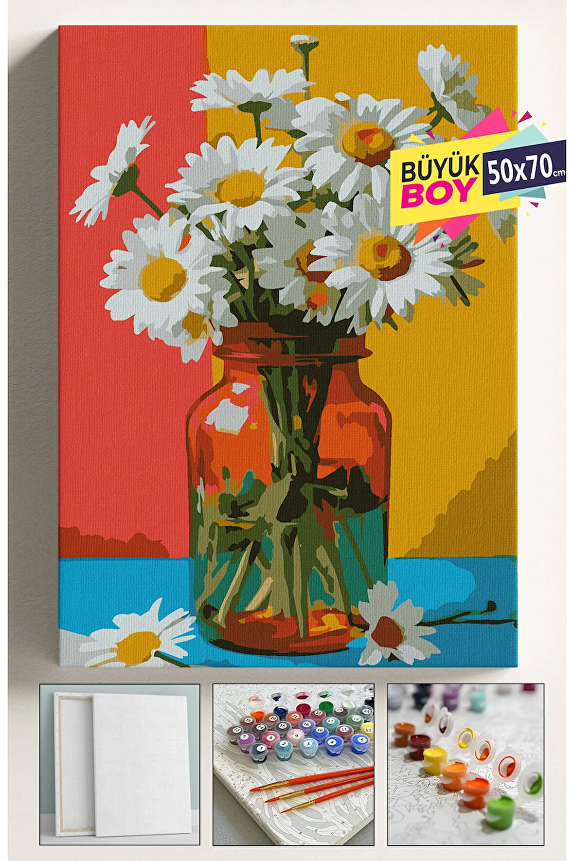 Sayılarla Boyama Seti Numaralı Tuval Fırça Boya Dahil Kasnaklı Set 50x70 Cm - KAVANOZ PAPATYALAR