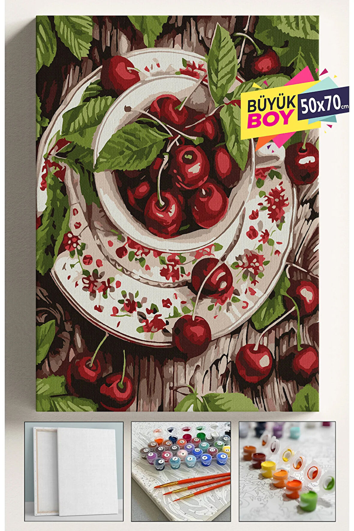 Sayılarla Boyama Seti Numaralı Tuval Fırça Boya Dahil Kasnaklı Set 50x70 Cm - KİRAZ TABAĞI