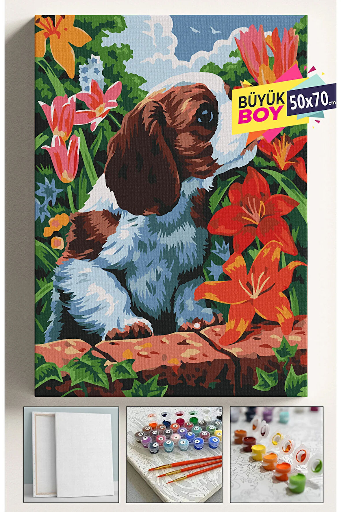 Sayılarla Boyama Seti Numaralı Tuval Fırça Boya Dahil Kasnaklı Set 50x70 Cm - KÖPEK VE ÇİÇEK