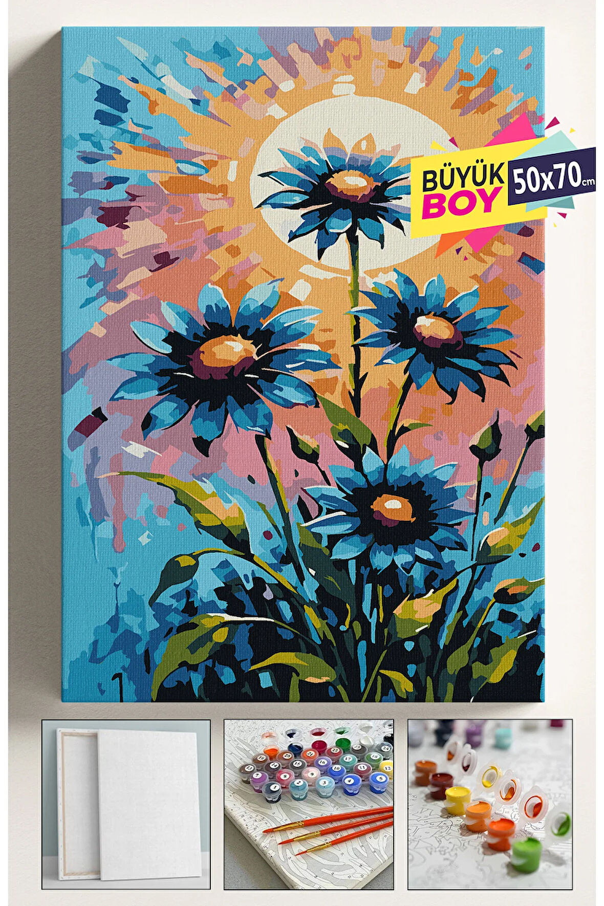 Sayılarla Boyama Seti Numaralı Tuval Fırça Boya Dahil Kasnaklı Set 50x70 Cm - MAVİ PAPATYALAR