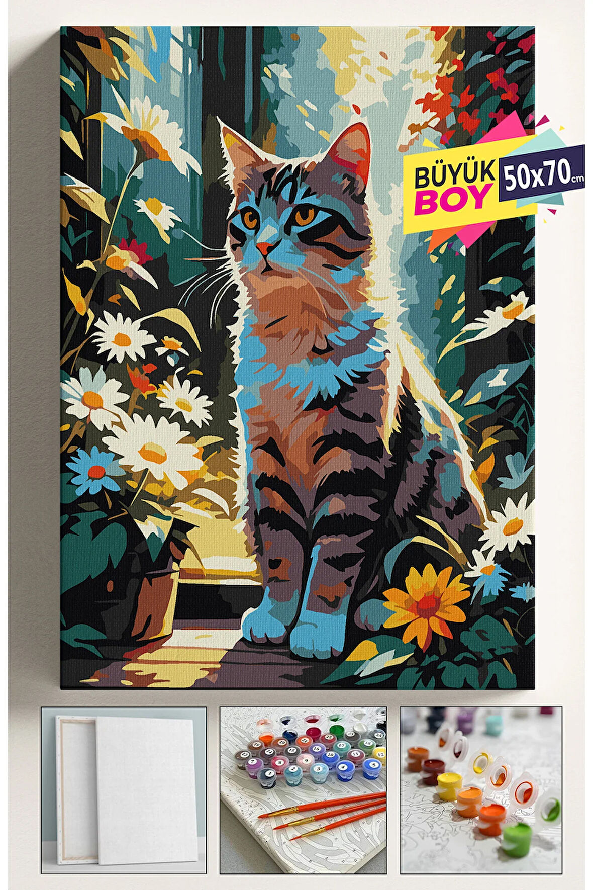 Sayılarla Boyama Seti Numaralı Tuval Fırça Boya Dahil Kasnaklı Set 50x70 Cm - PAPATYALAR İÇİNDE KEDİ