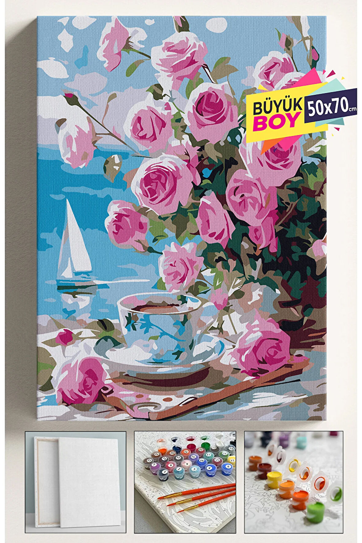 Sayılarla Boyama Seti Numaralı Tuval Fırça Boya Dahil Kasnaklı Set 50x70 Cm - PEMBE GÜLLÜ MANZARA