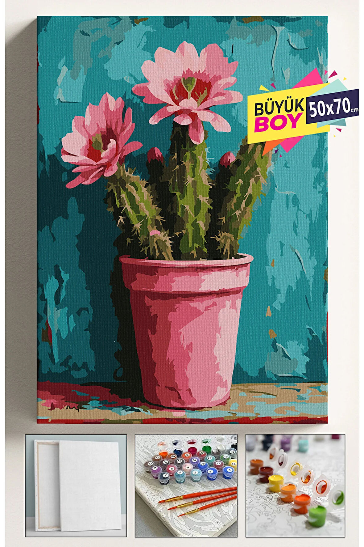 Sayılarla Boyama Seti Numaralı Tuval Fırça Boya Dahil Kasnaklı Set 50x70 Cm - PEMBE KAKTÜS