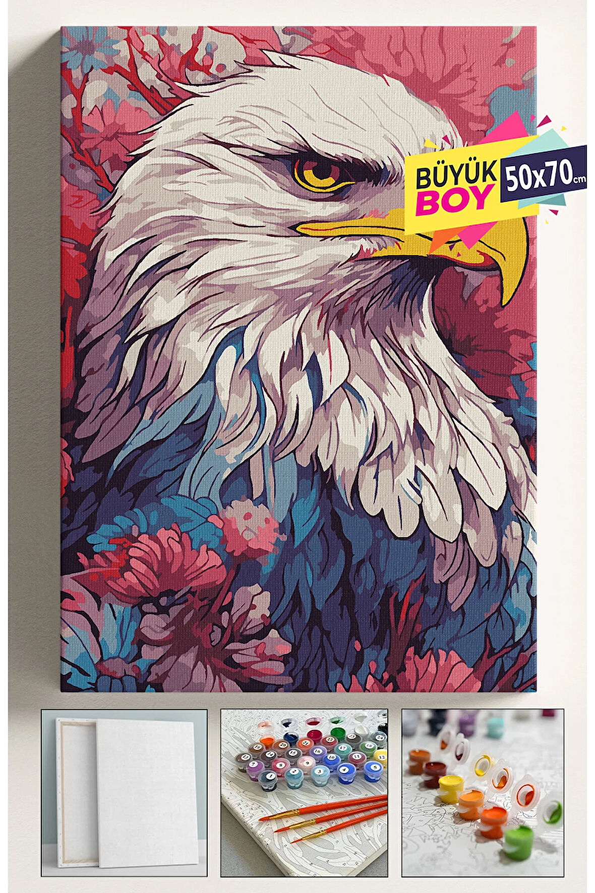 Sayılarla Boyama Seti Numaralı Tuval Fırça Boya Dahil Kasnaklı Set 50x70 Cm - RENKLİ KARTAL