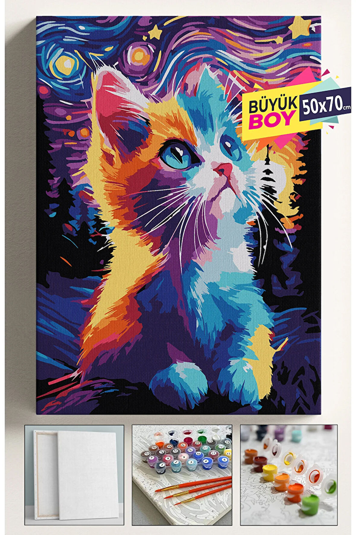 Sayılarla Boyama Seti Numaralı Tuval Fırça Boya Dahil Kasnaklı Set 50x70 Cm - RENKLİ KEDİ GÖKYÜZÜ