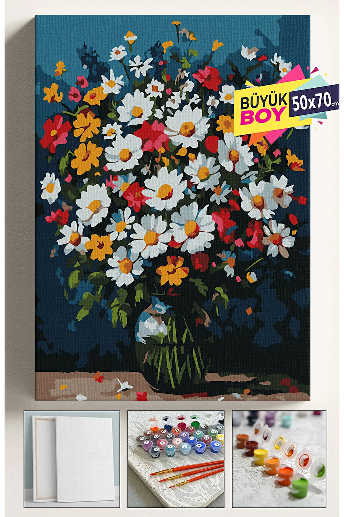 Sayılarla Boyama Seti Numaralı Tuval Fırça Boya Dahil Kasnaklı Set 50x70 Cm - RENKLİ PAPATYA DEMETİ