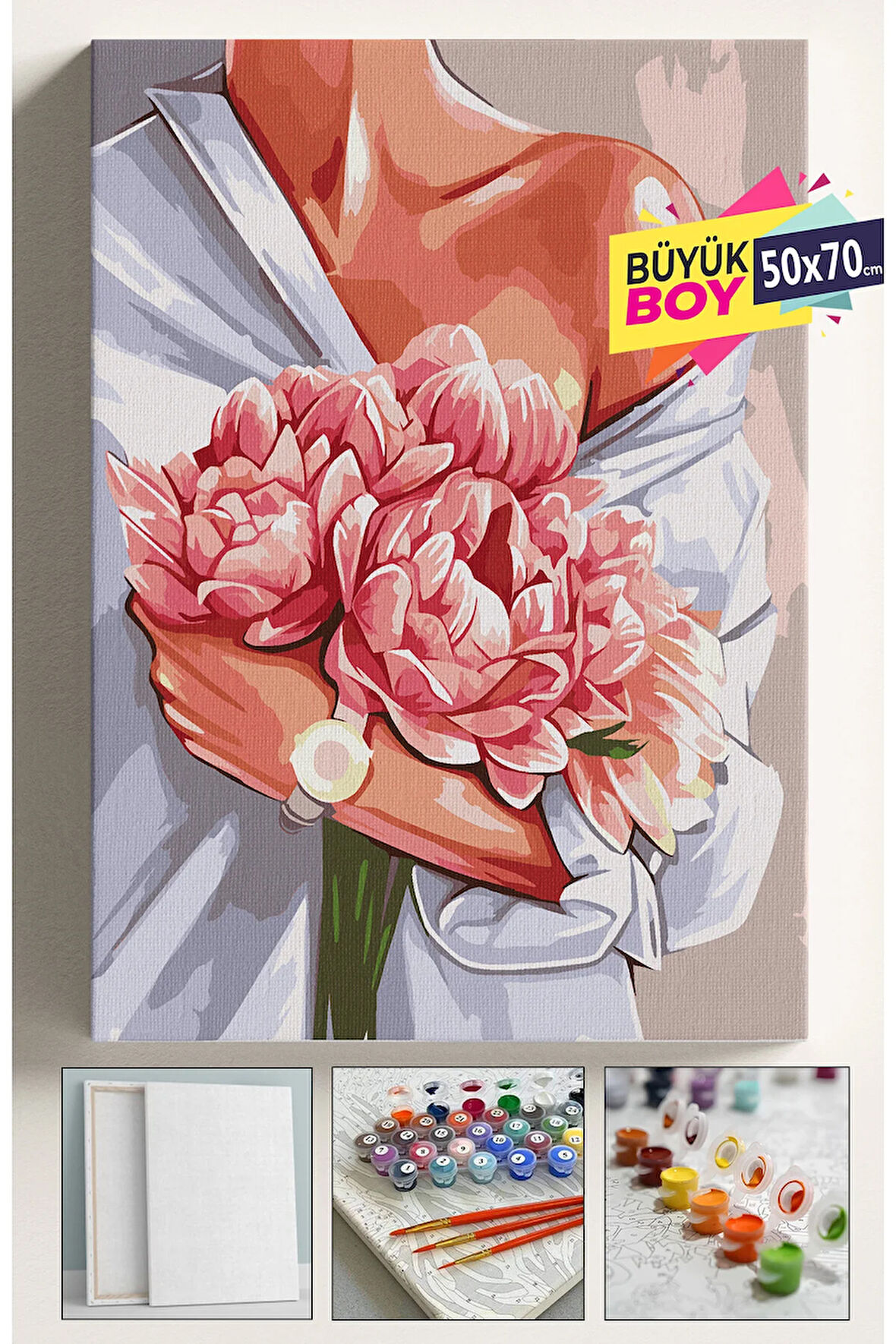 Sayılarla Boyama Seti Numaralı Tuval Fırça Boya Dahil Kasnaklı Set 50x70 Cm - SAAT VE KADIN