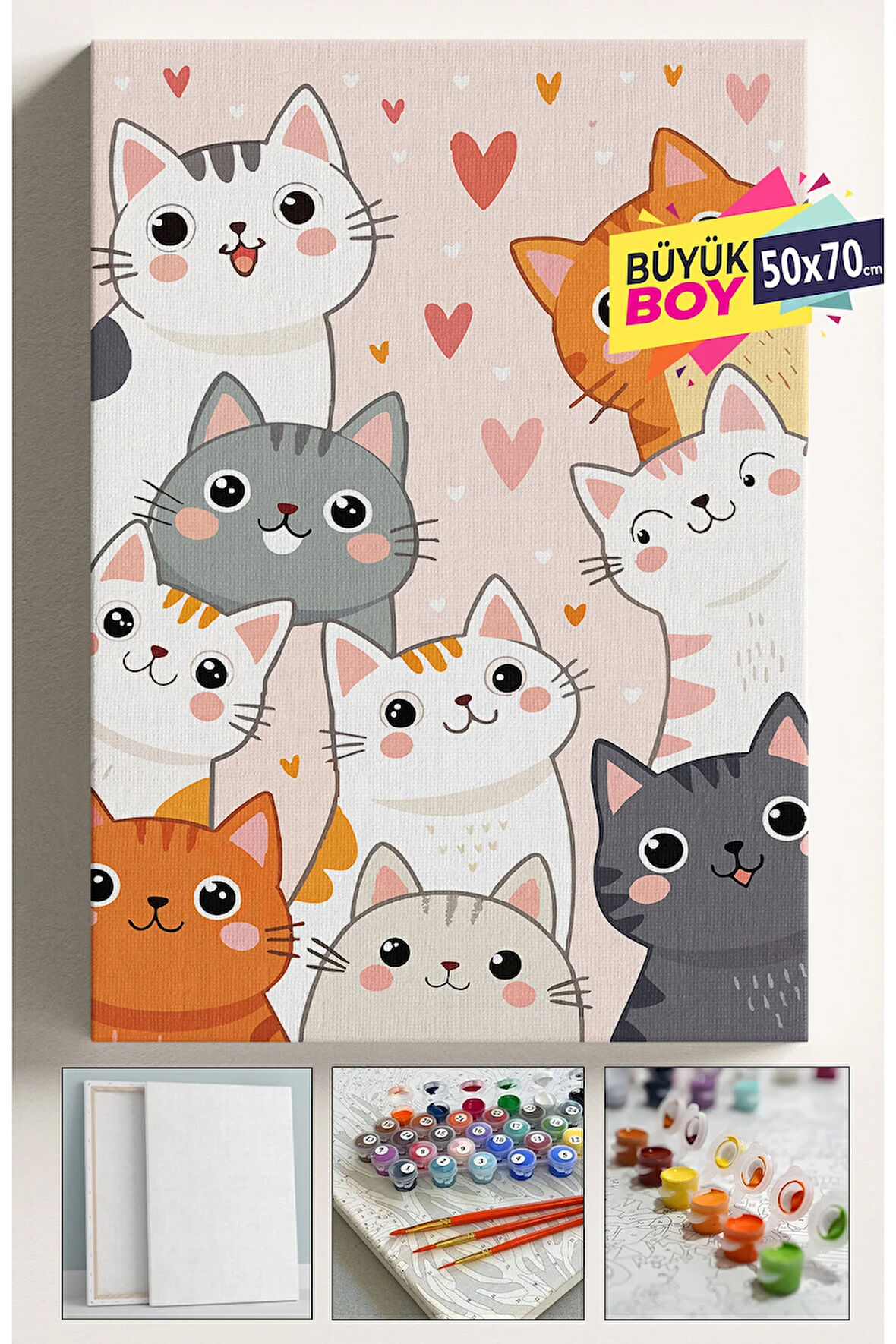 Sayılarla Boyama Seti Numaralı Tuval Fırça Boya Dahil Kasnaklı Set 50x70 Cm - SEVİMLİ KEDİLER