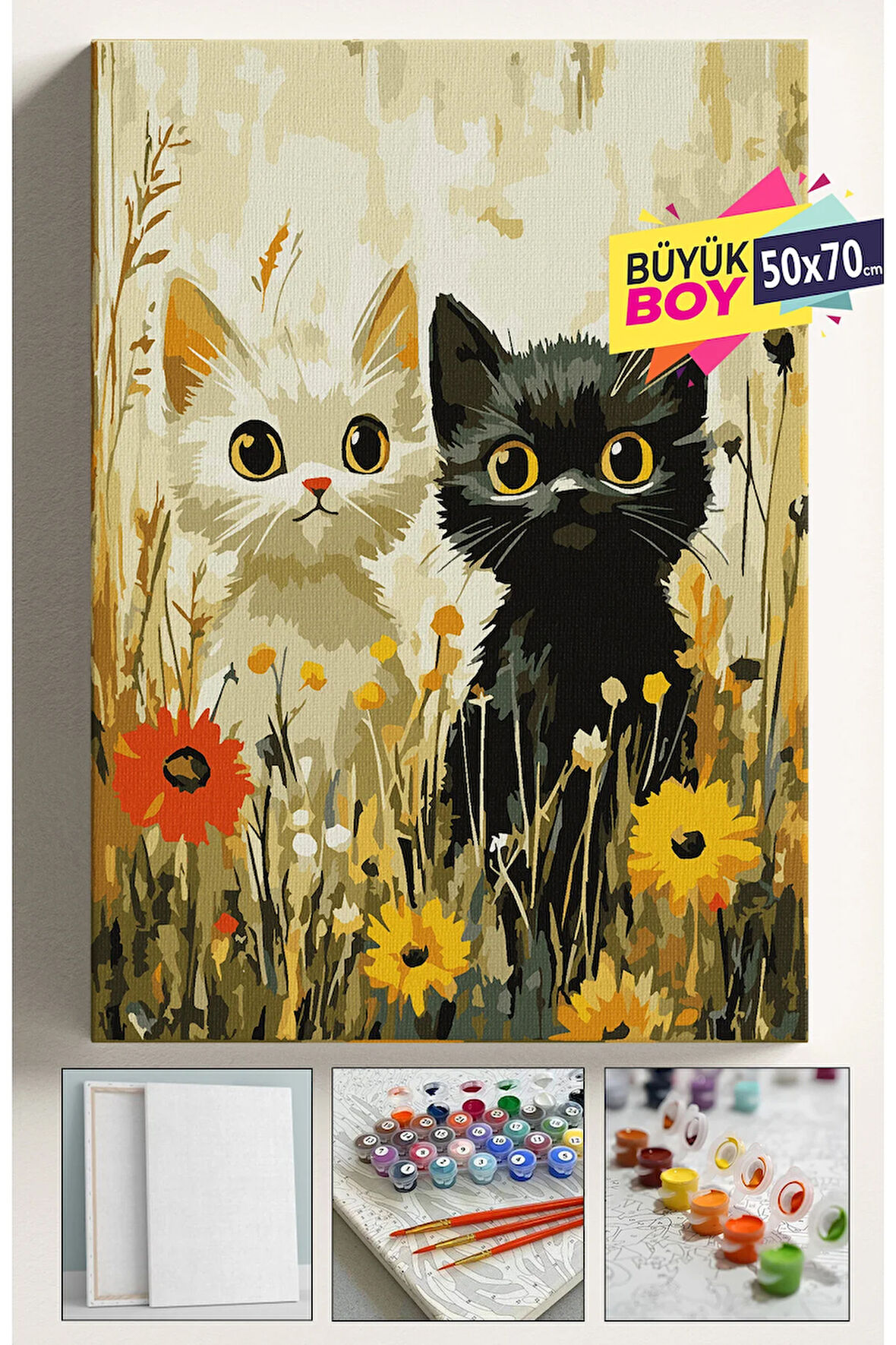 Sayılarla Boyama Seti Numaralı Tuval Fırça Boya Dahil Kasnaklı Set 50x70 Cm - SİYAH BEYAZ KEDİLER