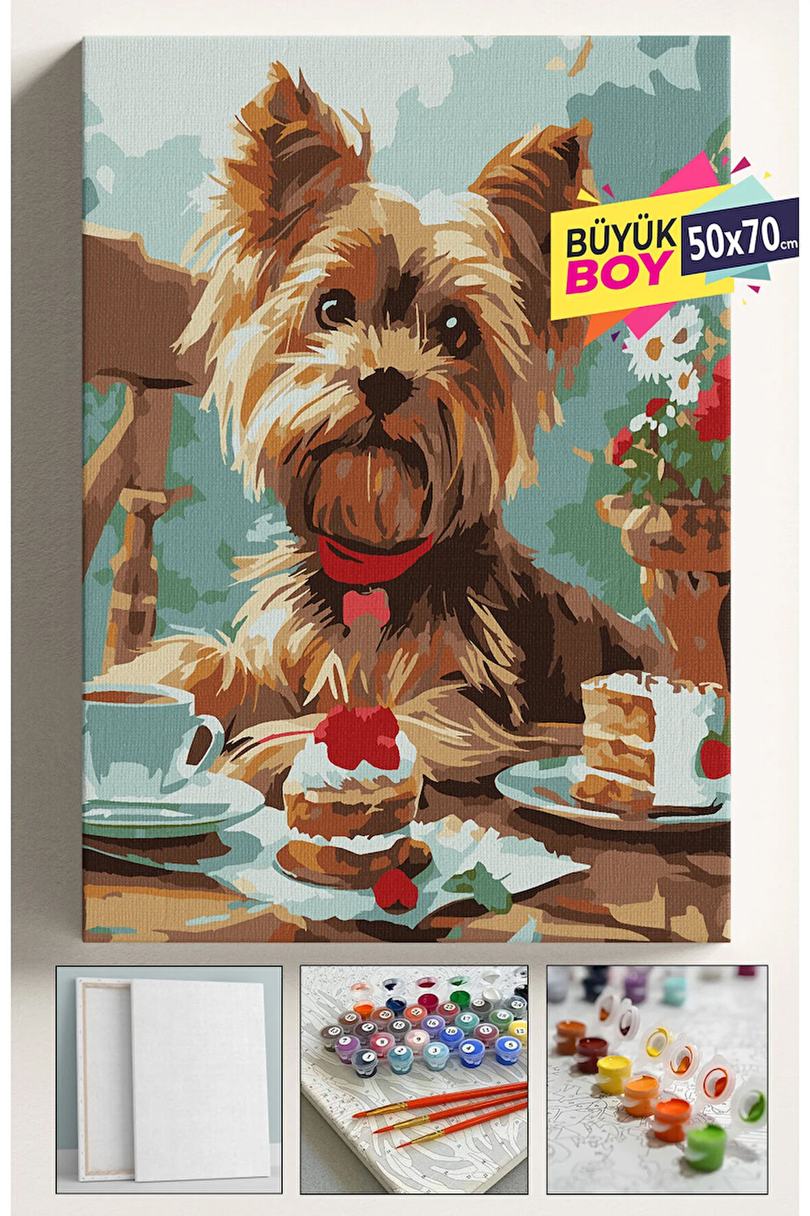 Sayılarla Boyama Seti Numaralı Tuval Fırça Boya Dahil Kasnaklı Set 50x70 Cm - SÜS KÖPEĞİ PASTA 1