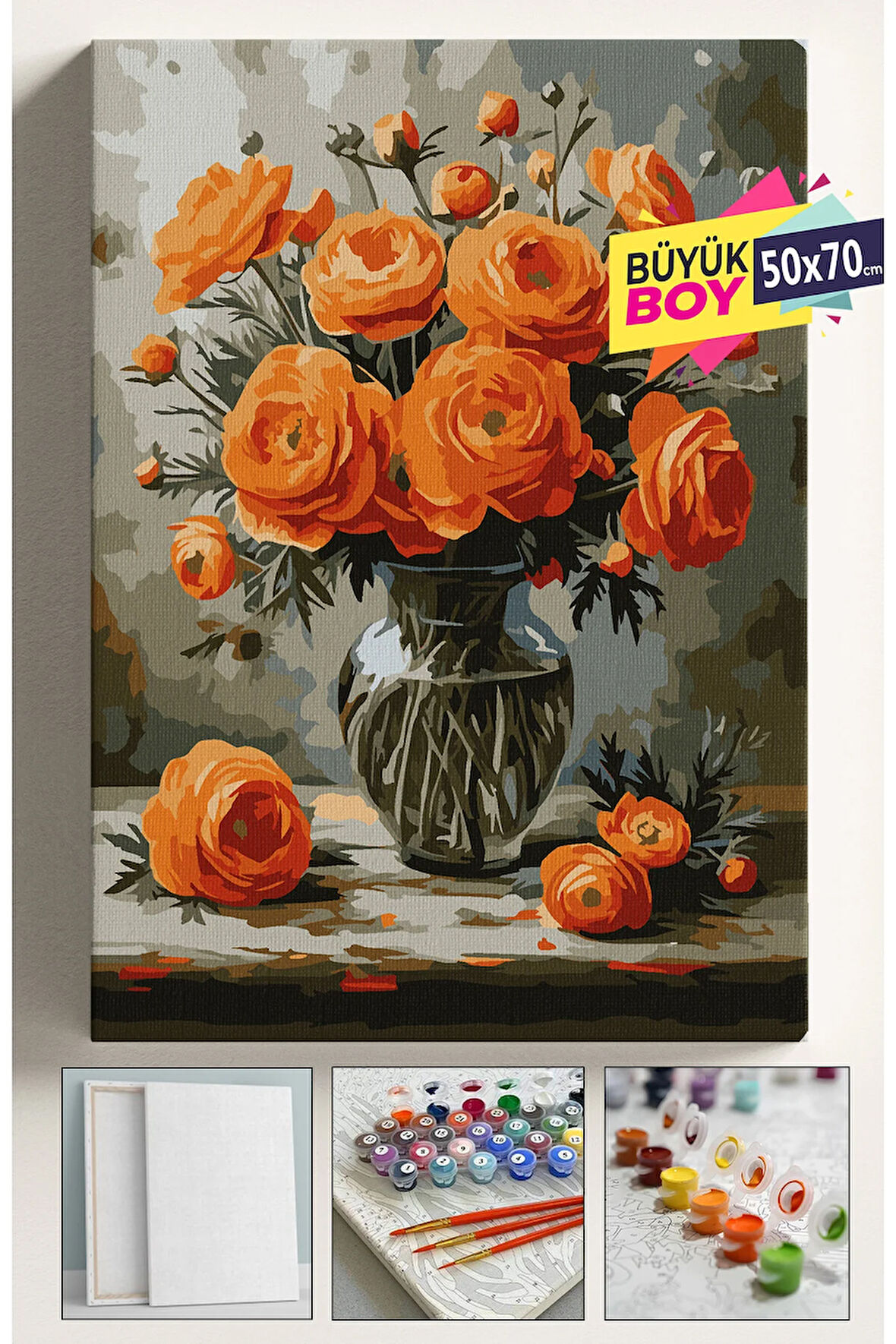 Sayılarla Boyama Seti Numaralı Tuval Fırça Boya Dahil Kasnaklı Set 50x70 Cm - TURUNCU GÜLLER