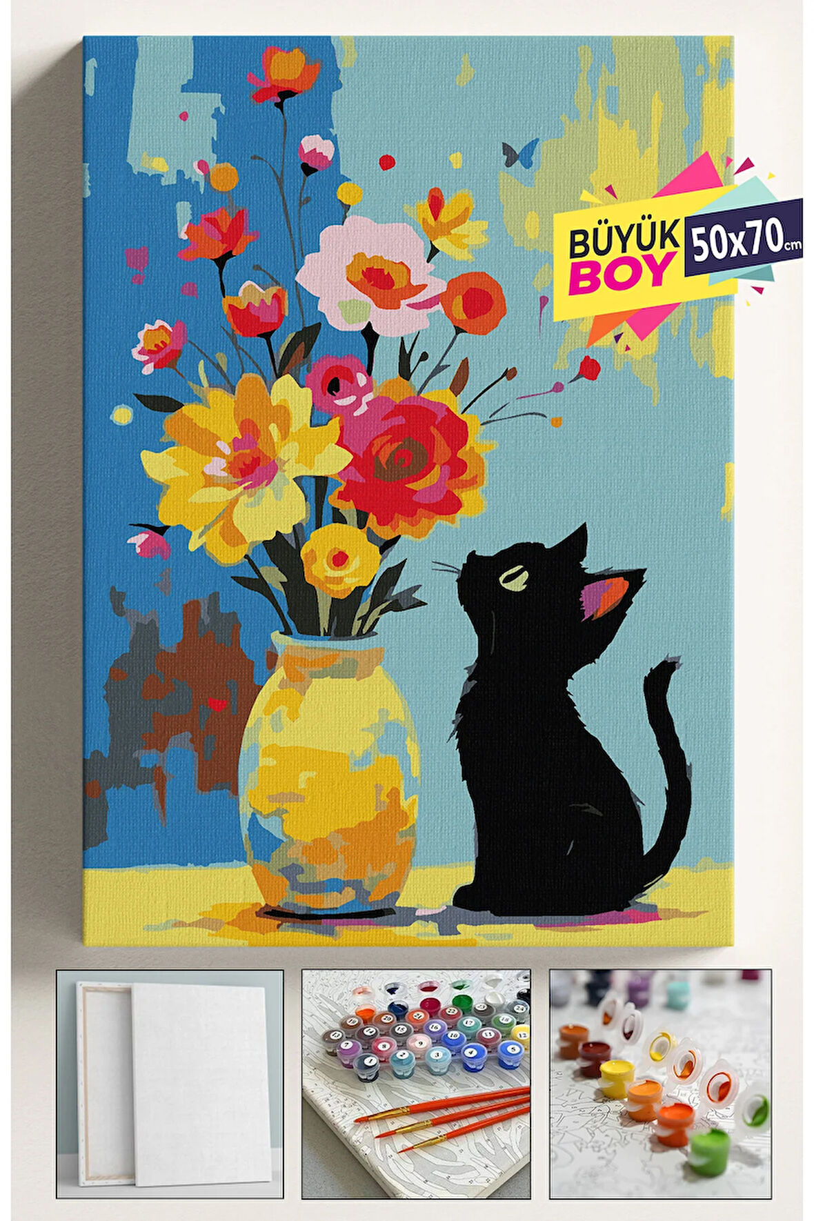 Sayılarla Boyama Seti Numaralı Tuval Fırça Boya Dahil Kasnaklı Set 50x70 Cm - VAZO VE KEDİ