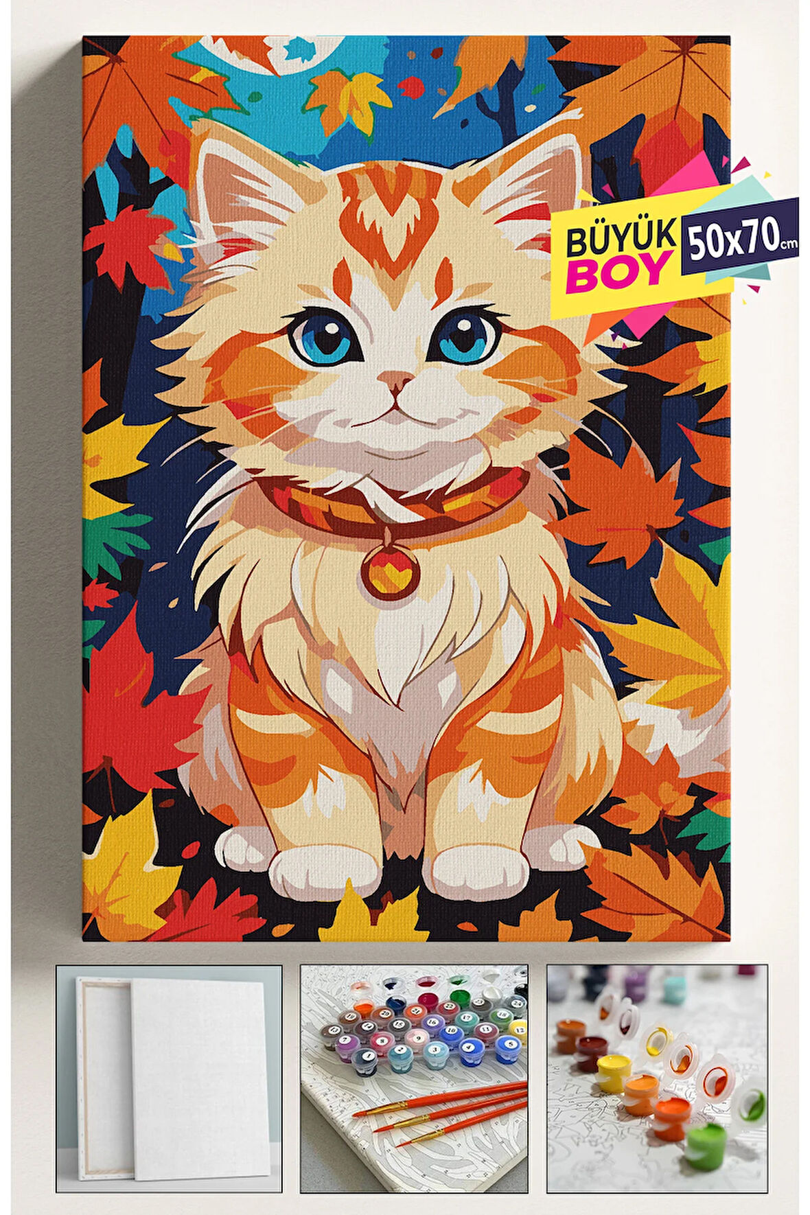 Sayılarla Boyama Seti Numaralı Tuval Fırça Boya Dahil Kasnaklı Set 50x70 Cm - YAPRAKLI KEDİ