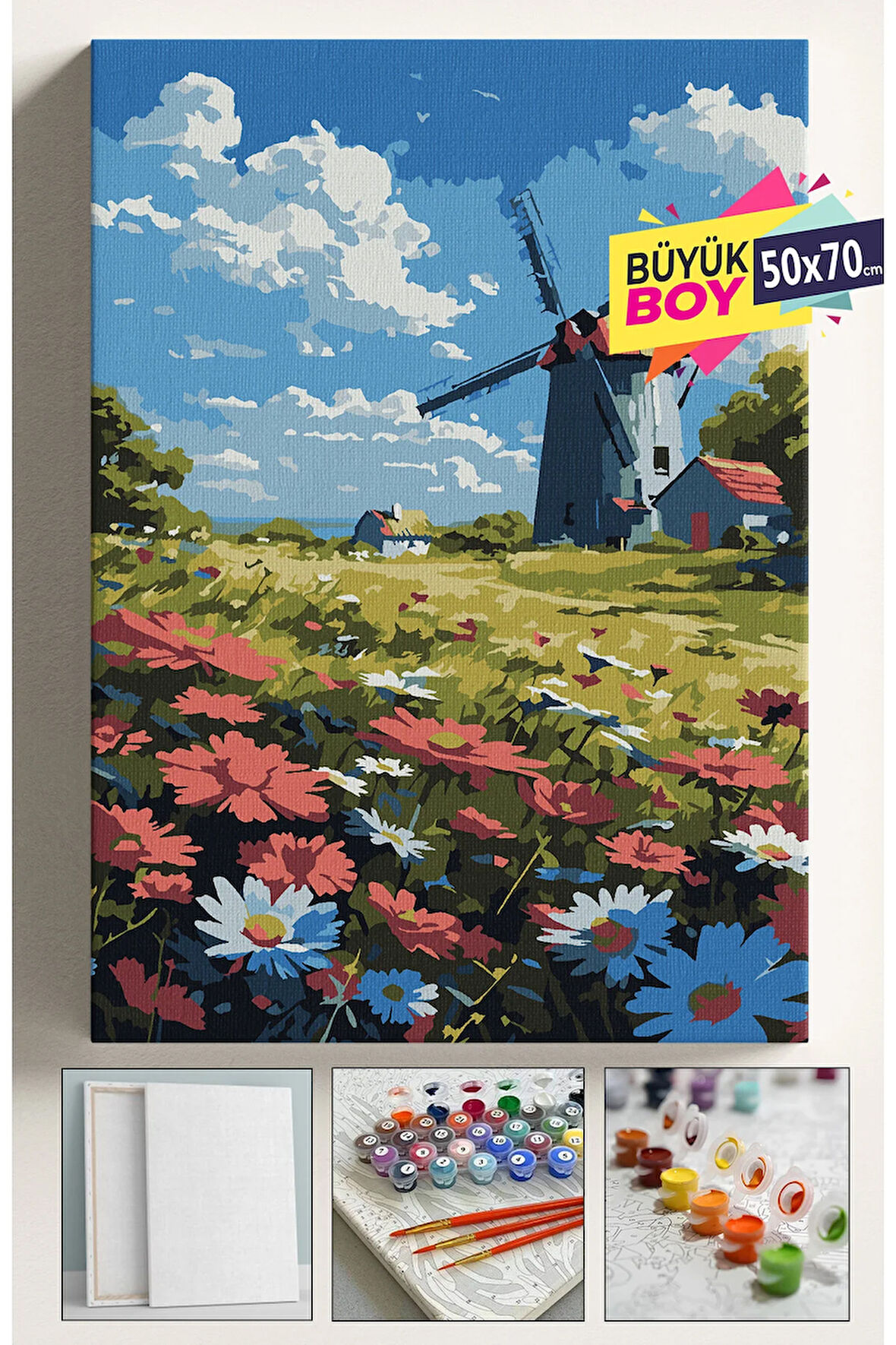 Sayılarla Boyama Seti Numaralı Tuval Fırça Boya Dahil Kasnaklı Set 50x70 Cm - YEL DEĞİRMENİ