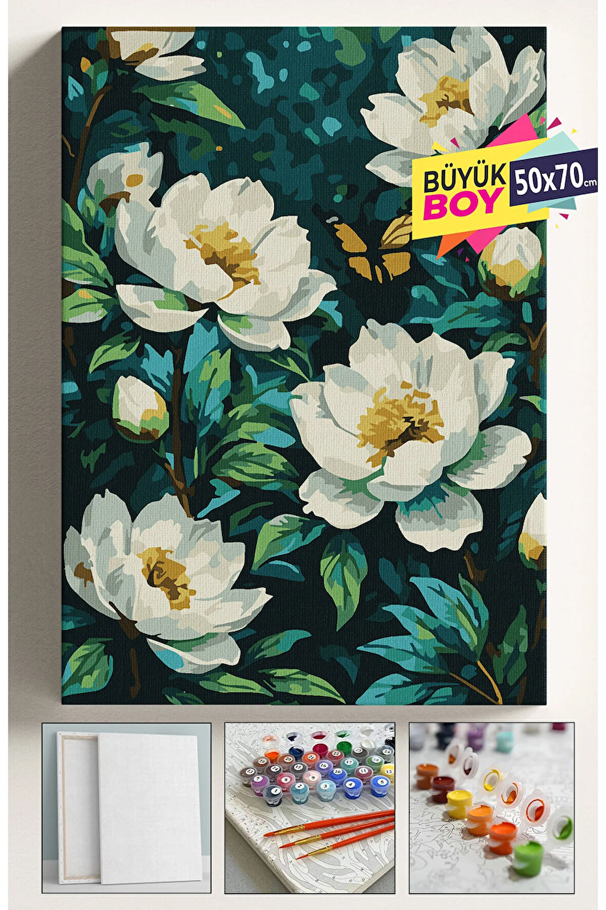 Sayılarla Boyama Seti Numaralı Tuval Fırça Boya Dahil Kasnaklı Set 50x70 Cm - YEŞİL ÇİÇEKLER