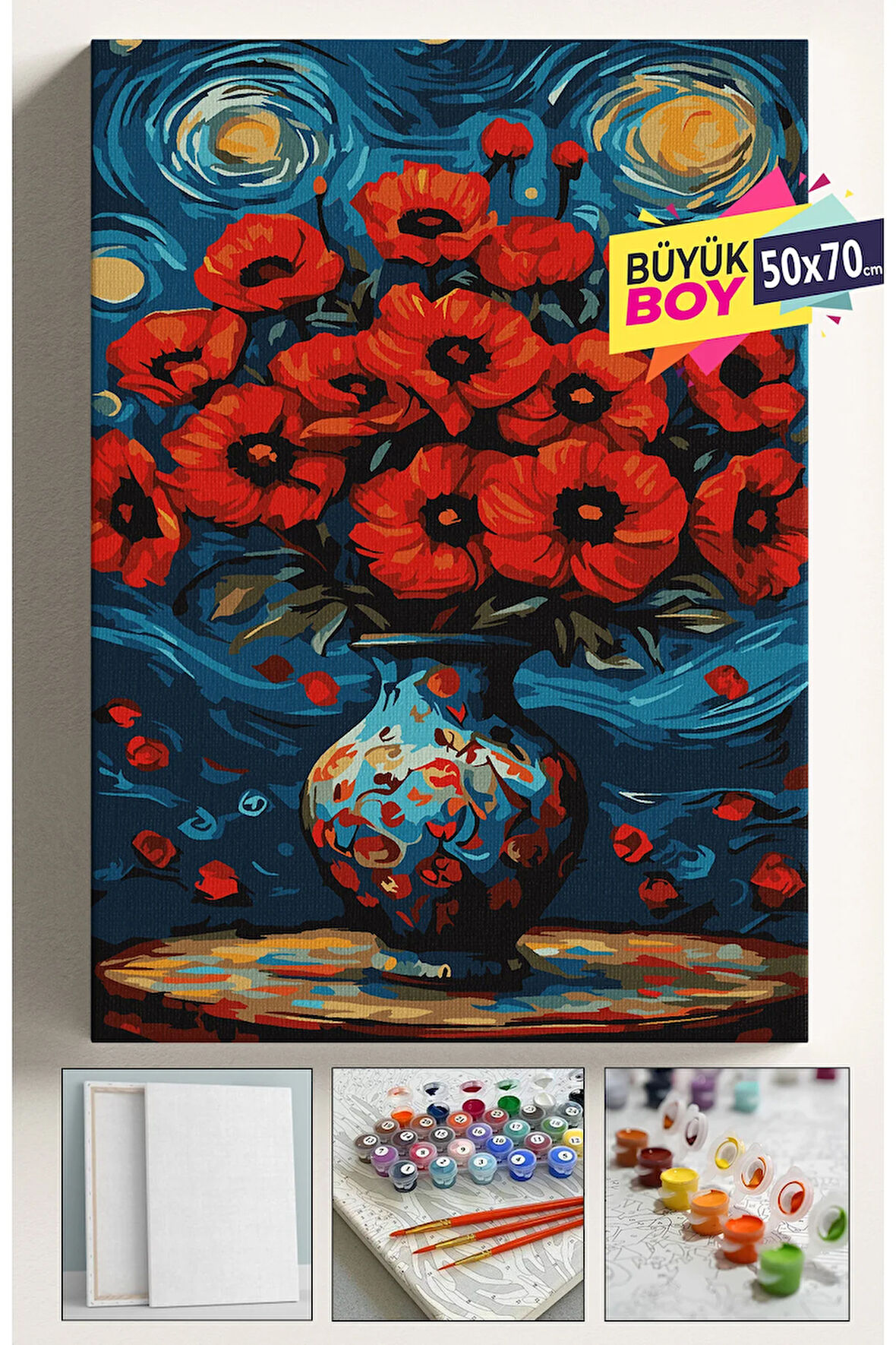 Sayılarla Boyama Seti Numaralı Tuval Fırça Boya Dahil Kasnaklı Set 50x70 Cm - YILDIZLI GECE GELİNCİK