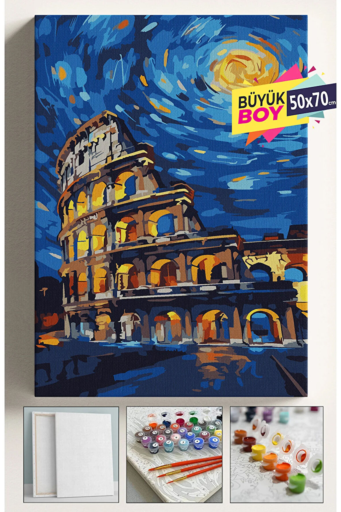 Sayılarla Boyama Seti Numaralı Tuval Fırça Boya Dahil Kasnaklı Set 50x70 Cm - YILDIZLI GECE KOLEZYUM