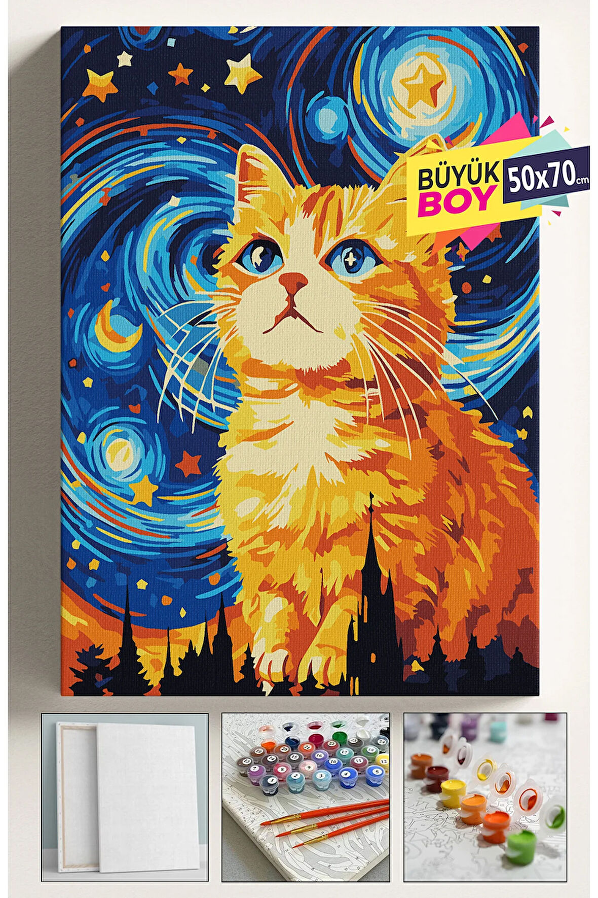 Sayılarla Boyama Seti Numaralı Tuval Fırça Boya Dahil Kasnaklı Set 50x70 Cm - YILDIZLI TURUNCU KEDİ