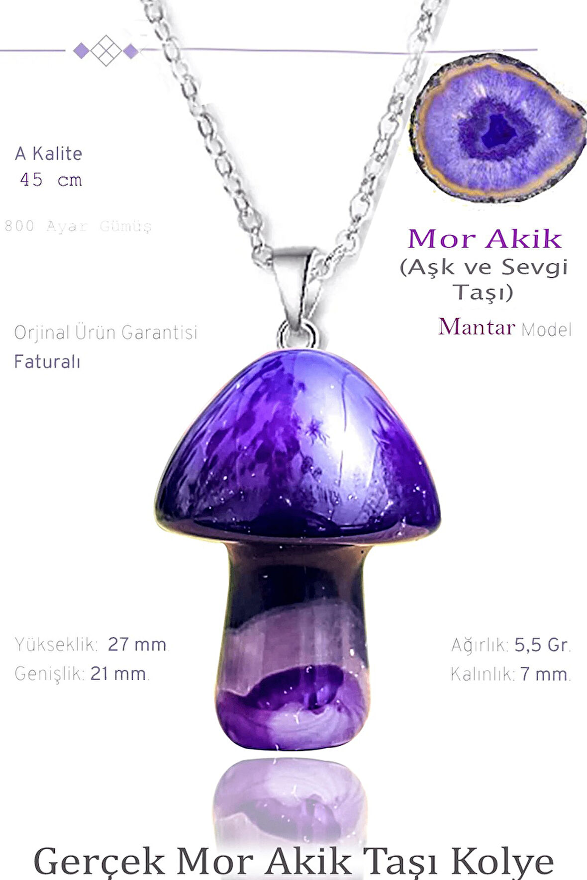 Sertifikalı Mantar Model Mor Akik Taşı Kolye - Gümüş Aparatlı