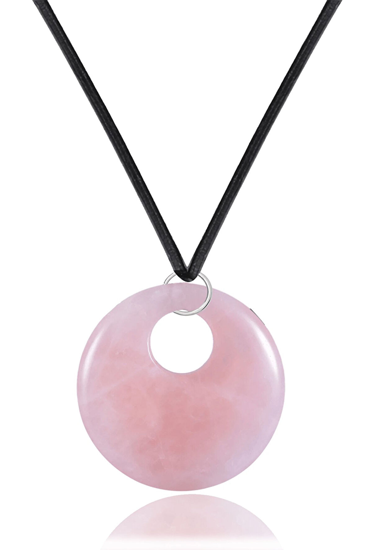 Sertifikalı Deri İpli Doğal Pembe Kuvars Taşı Kolye