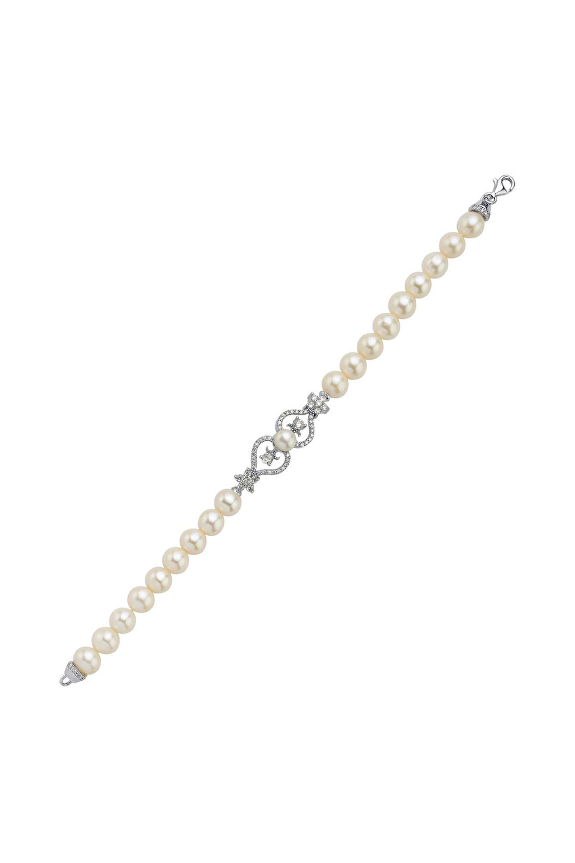 925 Ayar Gümüş Çiçek Desenli Doğal İnci Kadın Bileklik