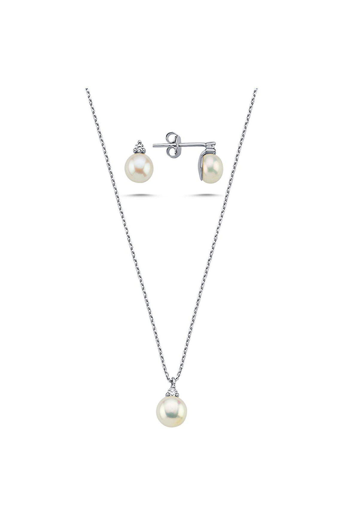 14 Ayar Altın 8 mm Doğal İnci 0,12 Ct Pırlantalı Küpe Kolye İkili Set